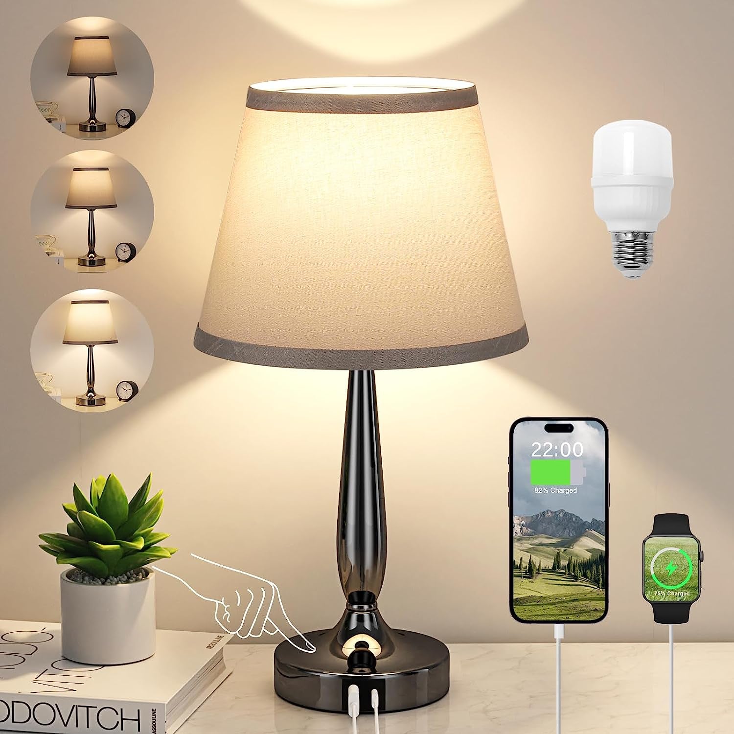 Touch Table Lamp with USB-C & USB-A Ports – 3-Way Dimmable Bedside Nightstand Lamp for Bedroom & Living Room