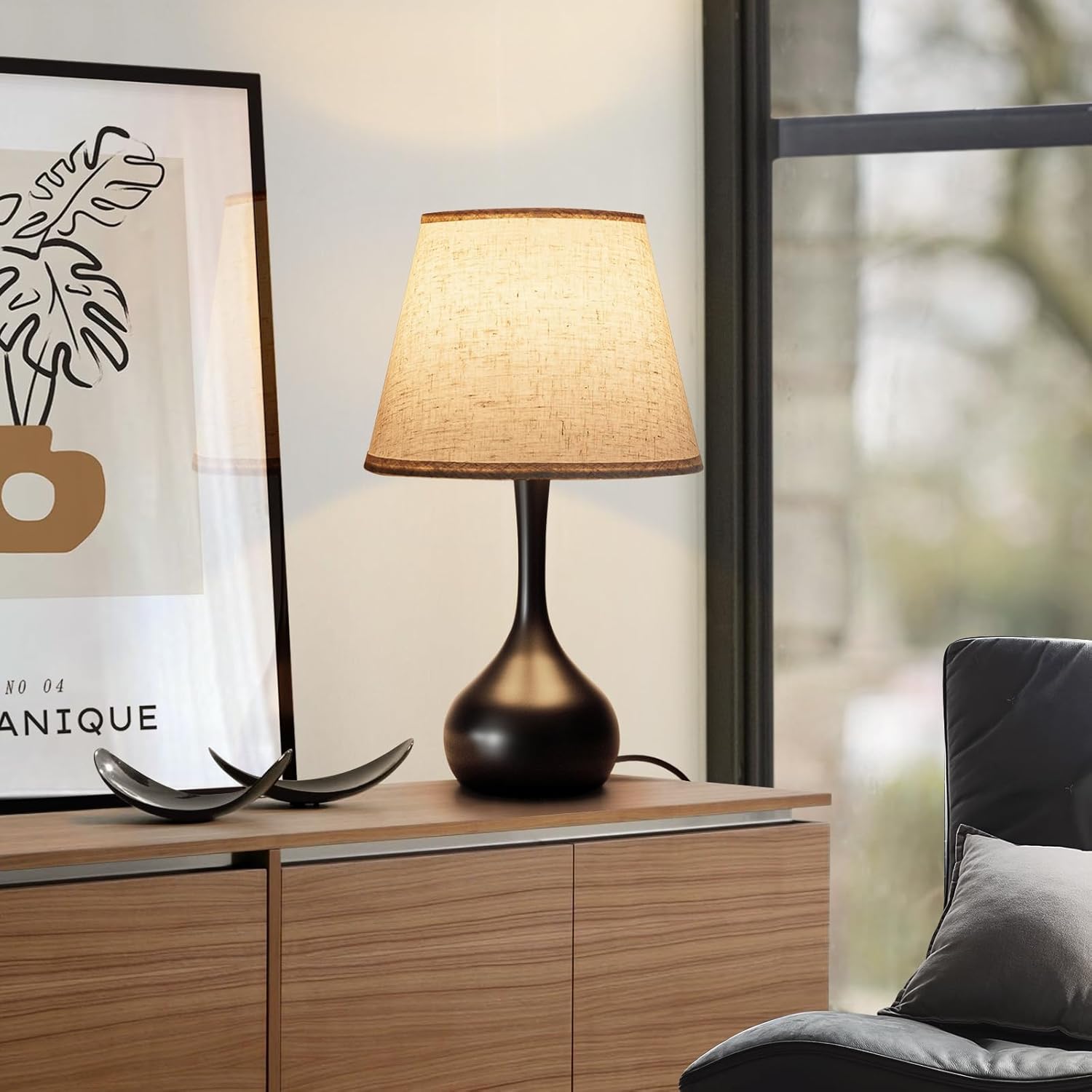 ONEWISH Touch Bedside Lamp – 3-Way Dimmable Nightstand Table Lamp with Fabric Shade & LED Bulb for Bedroom, Kids Room & Home Office