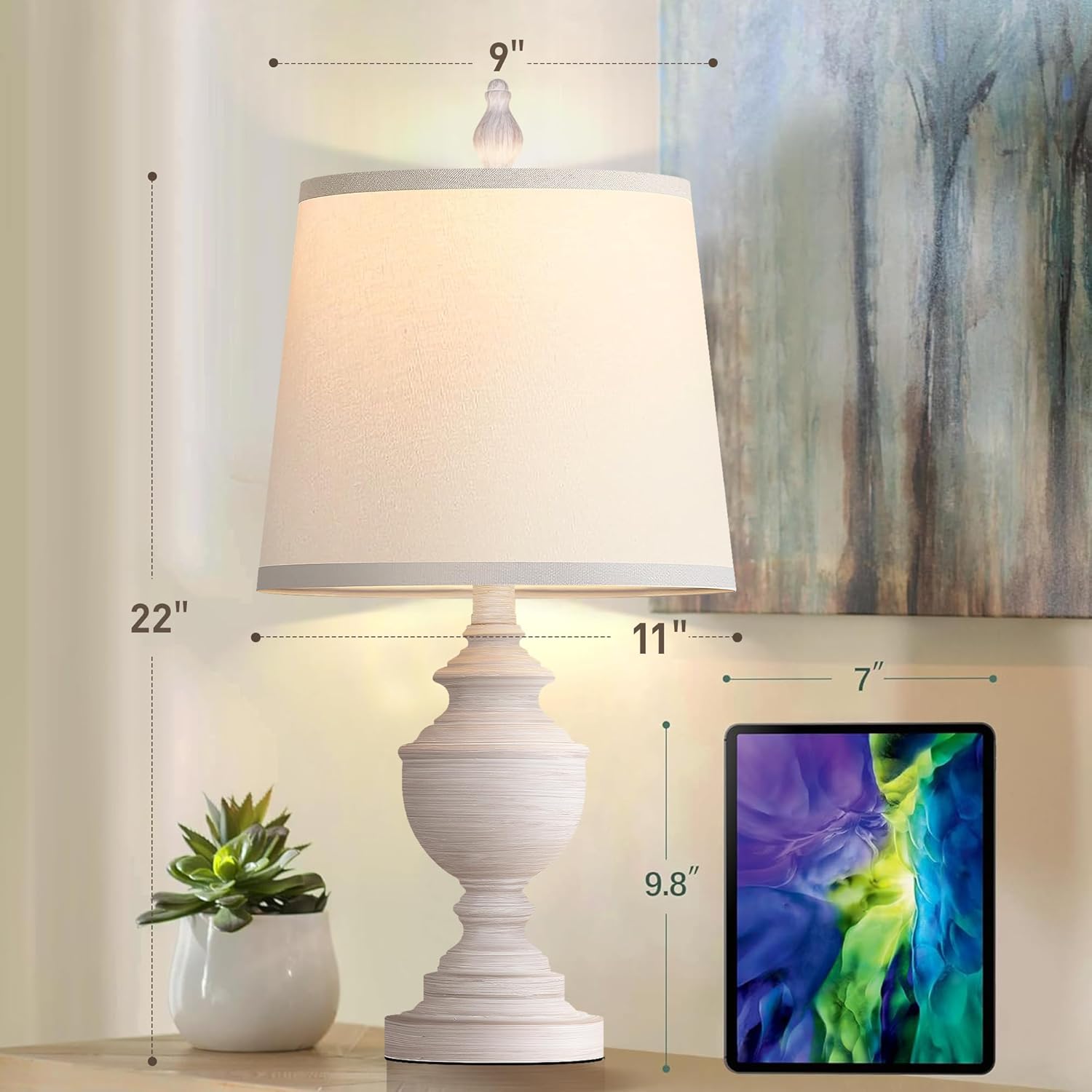 Set of 2 Retro Table Lamps - 22" Vintage Bedside and Living Room Lighting with White Shades, Rustic Farmhouse Style