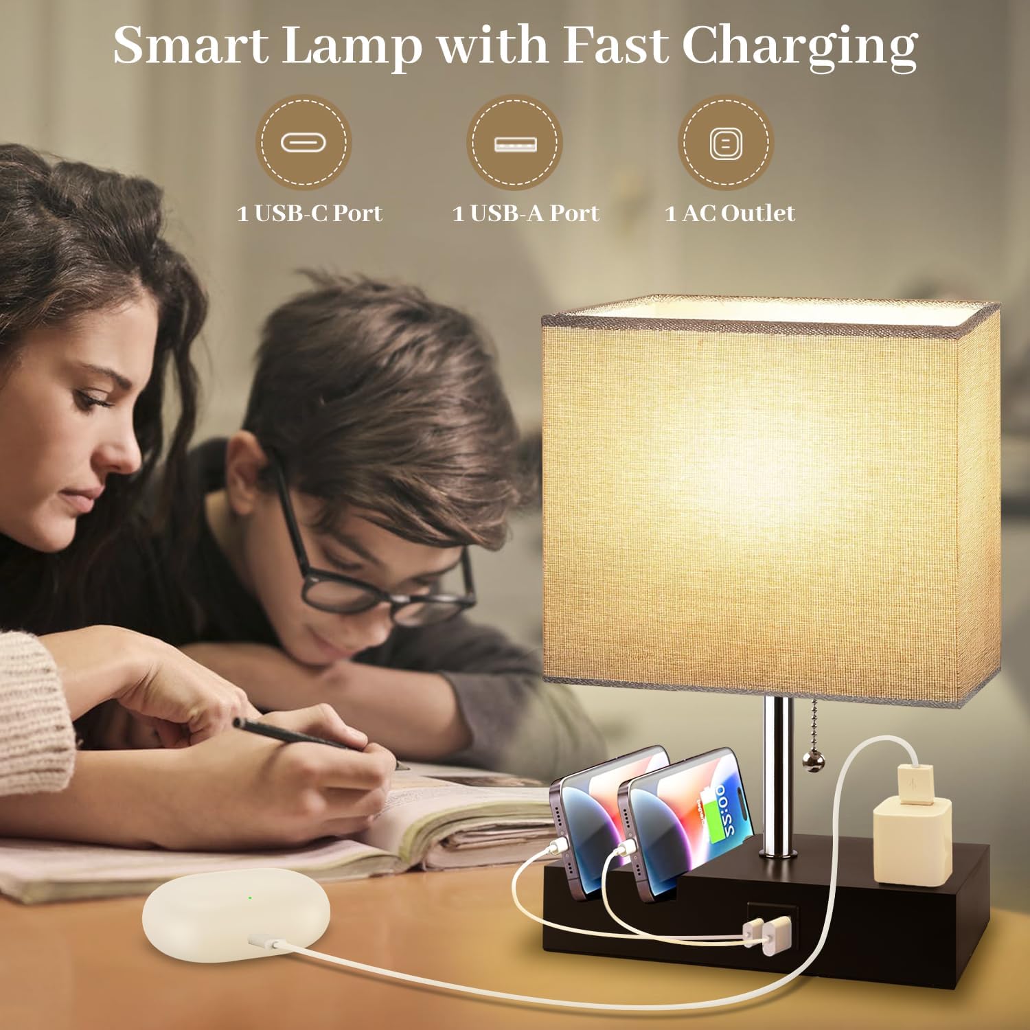 Smart RGB Dimmable Table Lamp with Alexa, App & Remote – Bedside Nightstand Lamp with USB-C, USB-A & AC Outlet, Music Sync & Phone Stand