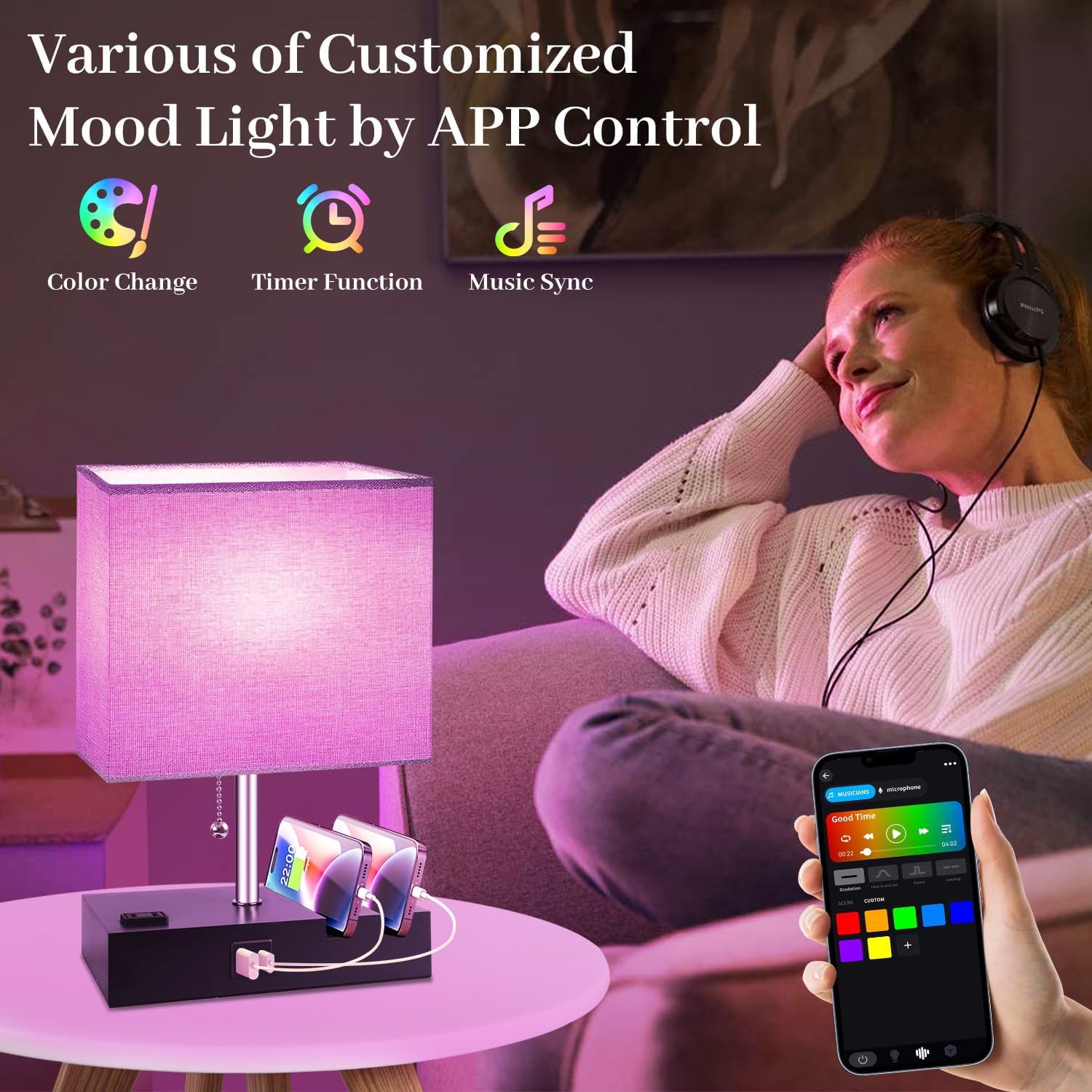 Smart RGB Dimmable Table Lamp with Alexa, App & Remote – Bedside Nightstand Lamp with USB-C, USB-A & AC Outlet, Music Sync & Phone Stand