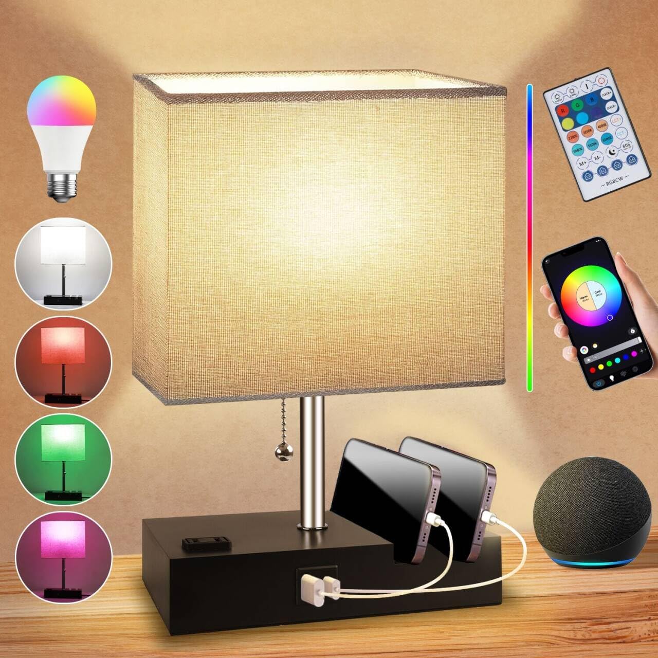 Smart RGB Dimmable Table Lamp with Alexa, App & Remote – Bedside Nightstand Lamp with USB-C, USB-A & AC Outlet, Music Sync & Phone Stand