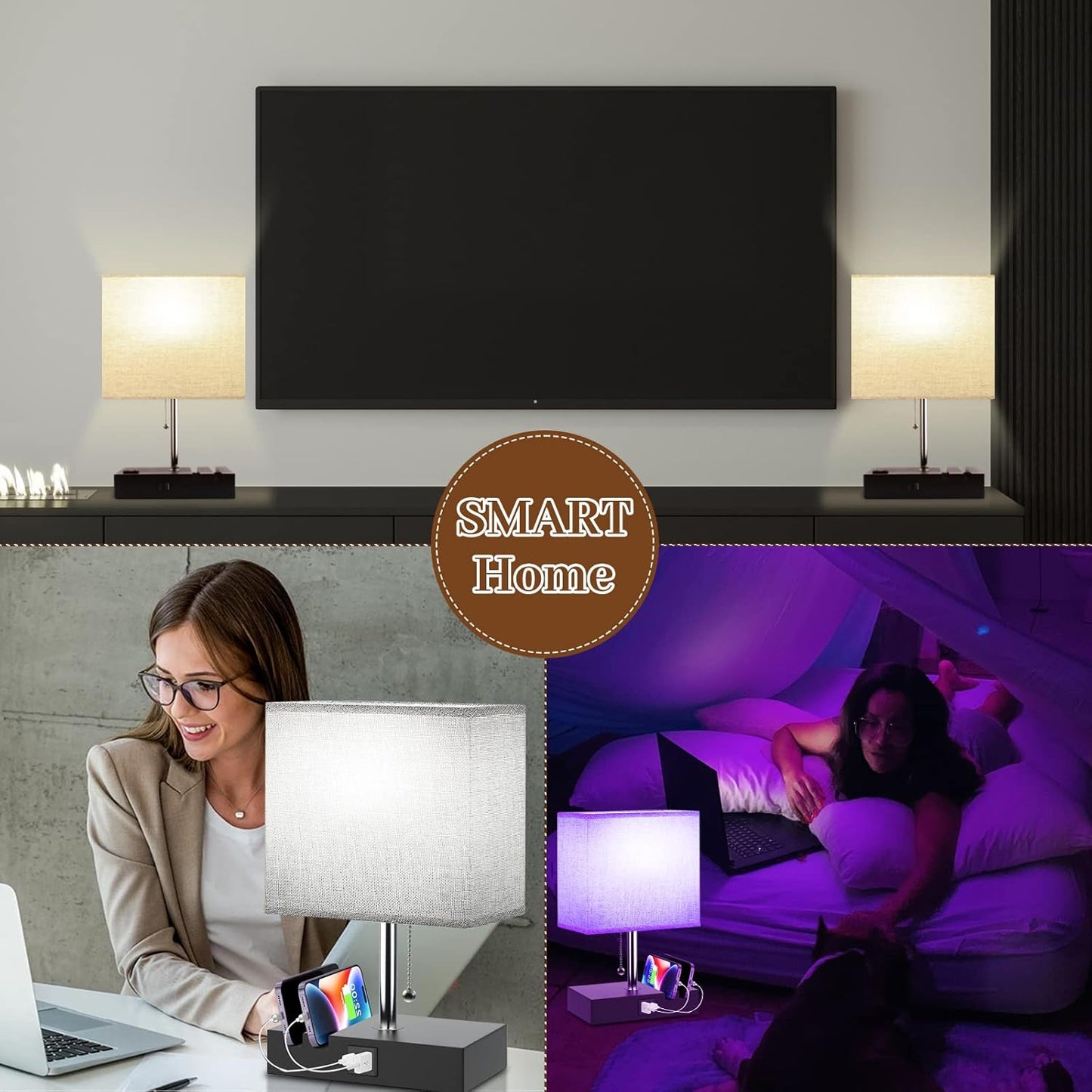 Smart RGB Dimmable Table Lamp with Alexa, App & Remote – Bedside Nightstand Lamp with USB-C, USB-A & AC Outlet, Music Sync & Phone Stand