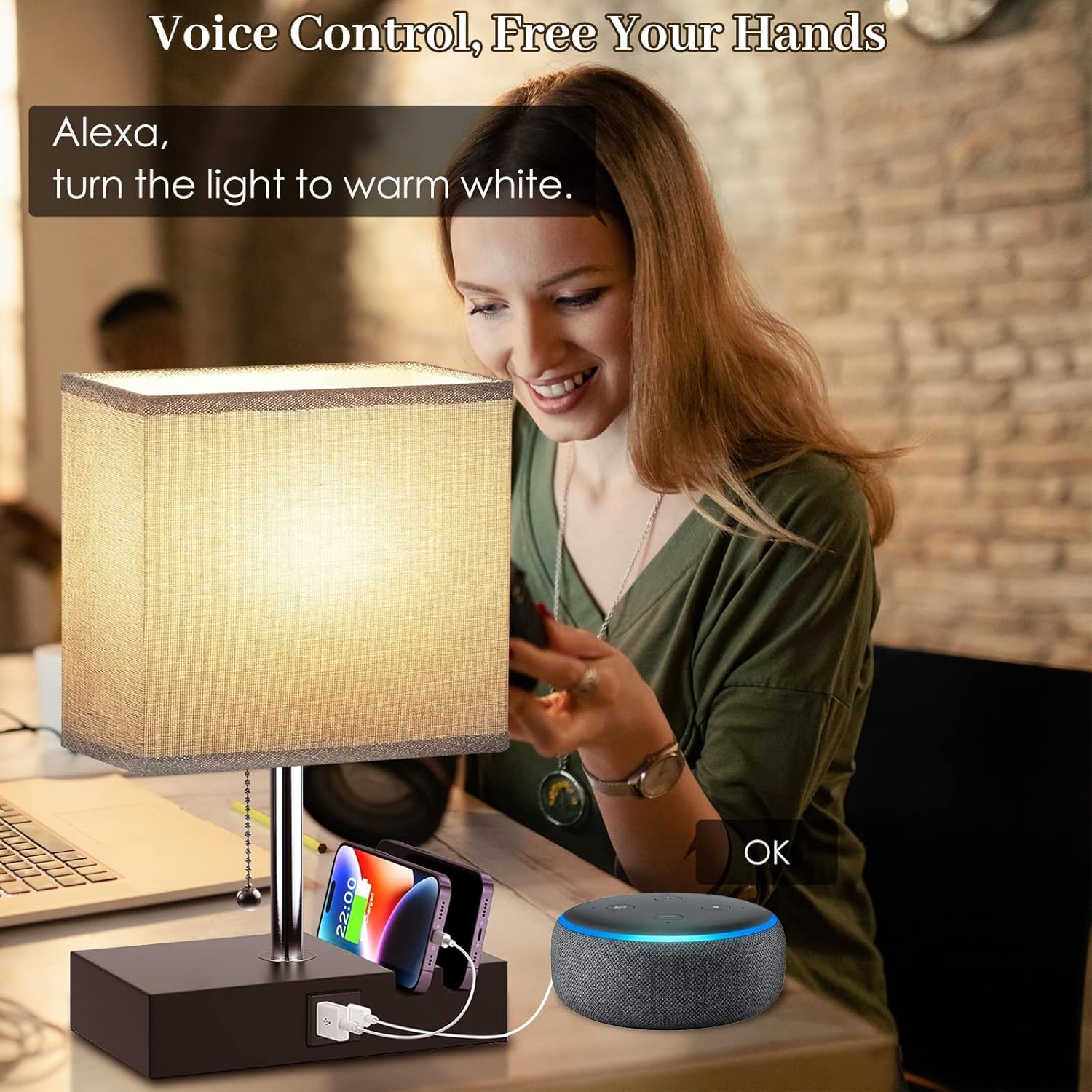 Smart RGB Dimmable Table Lamp with Alexa, App & Remote – Bedside Nightstand Lamp with USB-C, USB-A & AC Outlet, Music Sync & Phone Stand