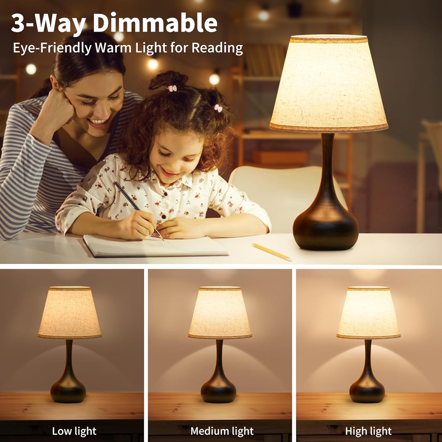 ONEWISH Touch Bedside Lamp – 3-Way Dimmable Nightstand Table Lamp with Fabric Shade & LED Bulb for Bedroom, Kids Room & Home Office