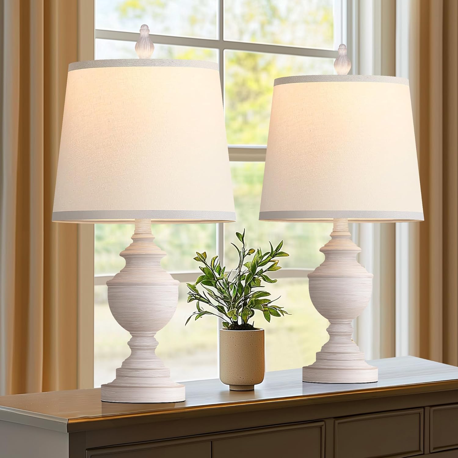 Set of 2 Retro Table Lamps - 22" Vintage Bedside and Living Room Lighting with White Shades, Rustic Farmhouse Style