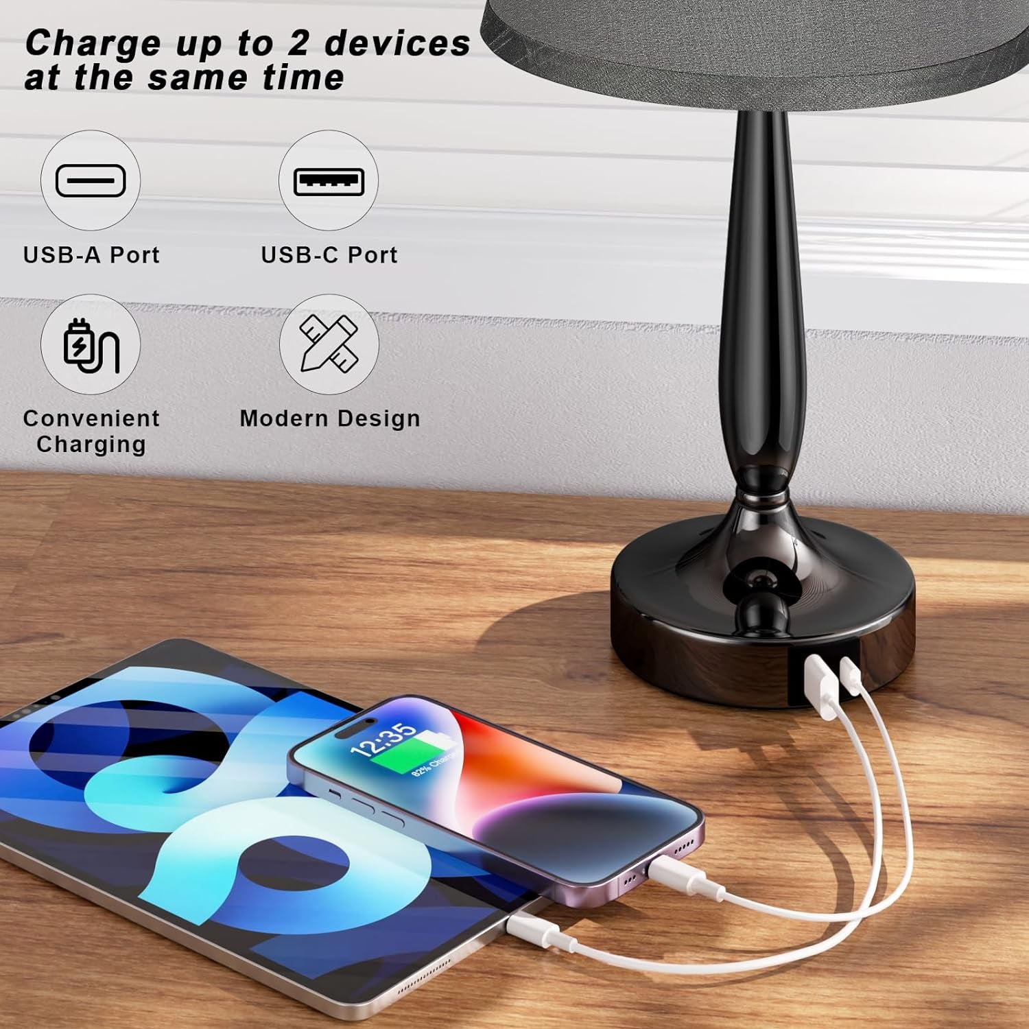 Touch Table Lamp with USB-C & USB-A Ports – 3-Way Dimmable Bedside Nightstand Lamp for Bedroom & Living Room