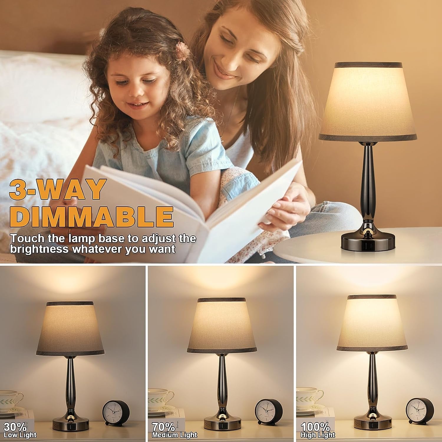 Touch Table Lamp with USB-C & USB-A Ports – 3-Way Dimmable Bedside Nightstand Lamp for Bedroom & Living Room