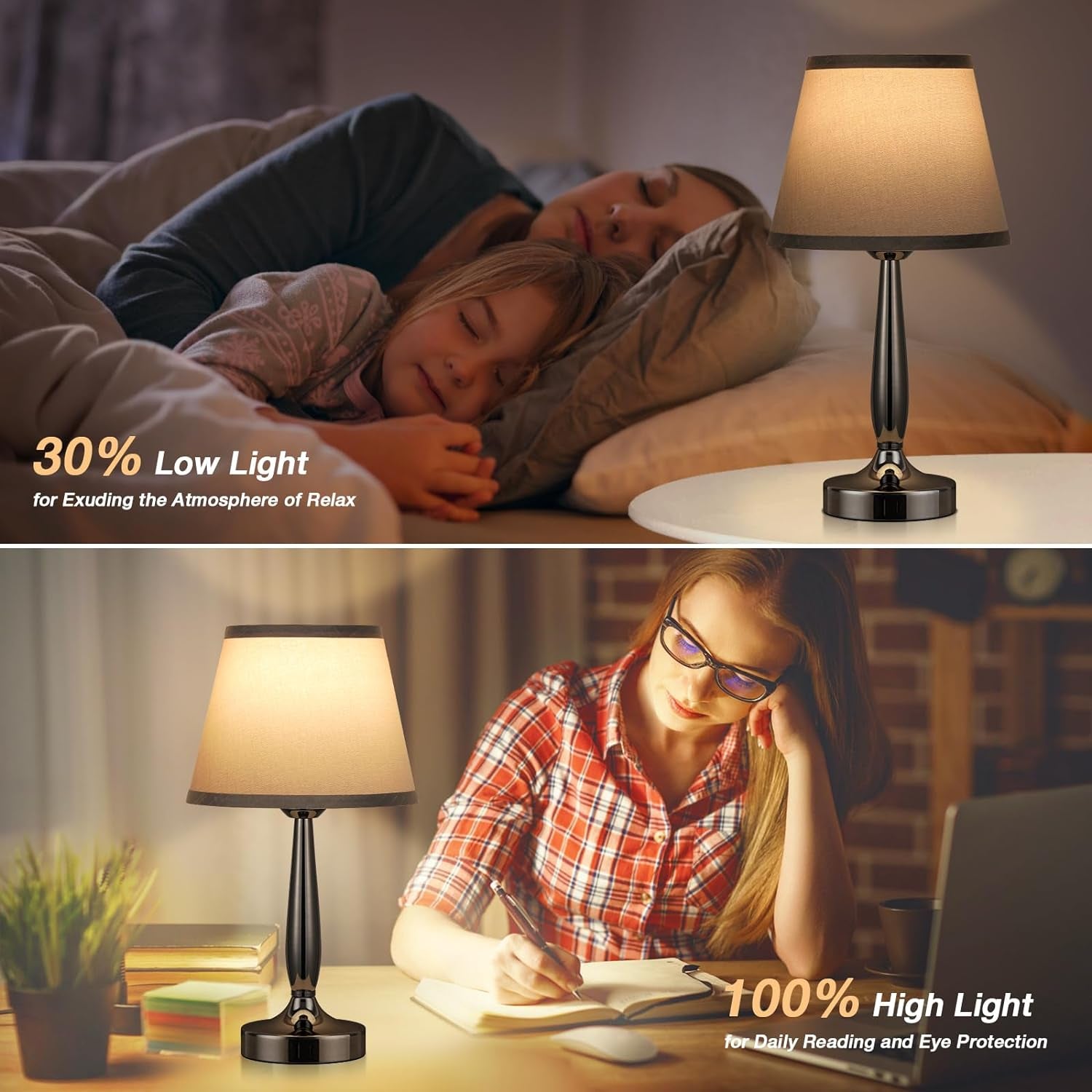 Touch Table Lamp with USB-C & USB-A Ports – 3-Way Dimmable Bedside Nightstand Lamp for Bedroom & Living Room