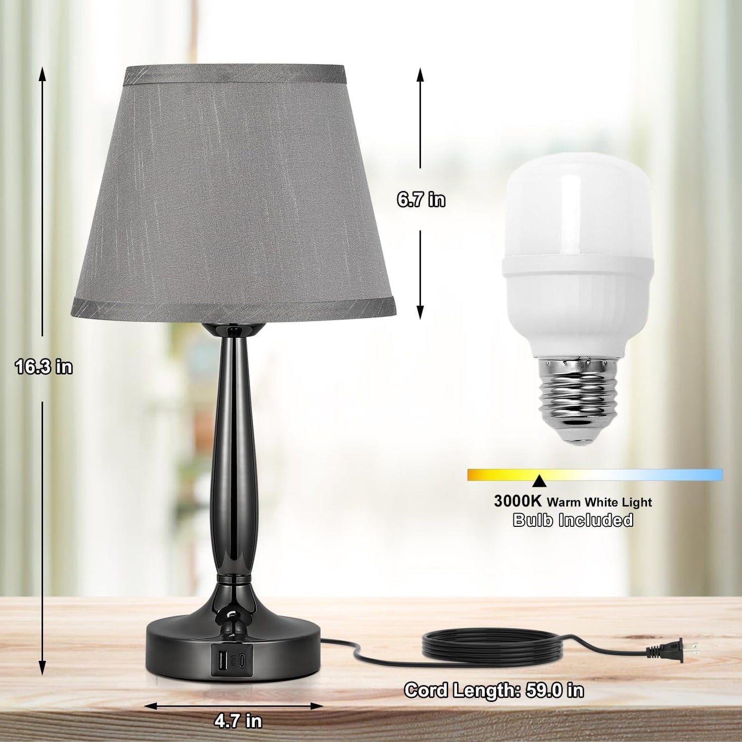 Touch Table Lamp with USB-C & USB-A Ports – 3-Way Dimmable Bedside Nightstand Lamp for Bedroom & Living Room