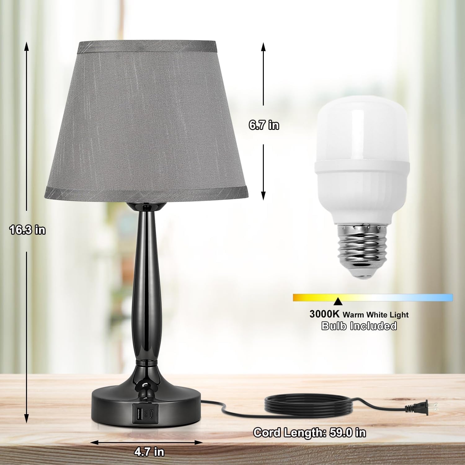 Touch Table Lamp with USB-C & USB-A Ports – 3-Way Dimmable Bedside Nightstand Lamp for Bedroom & Living Room