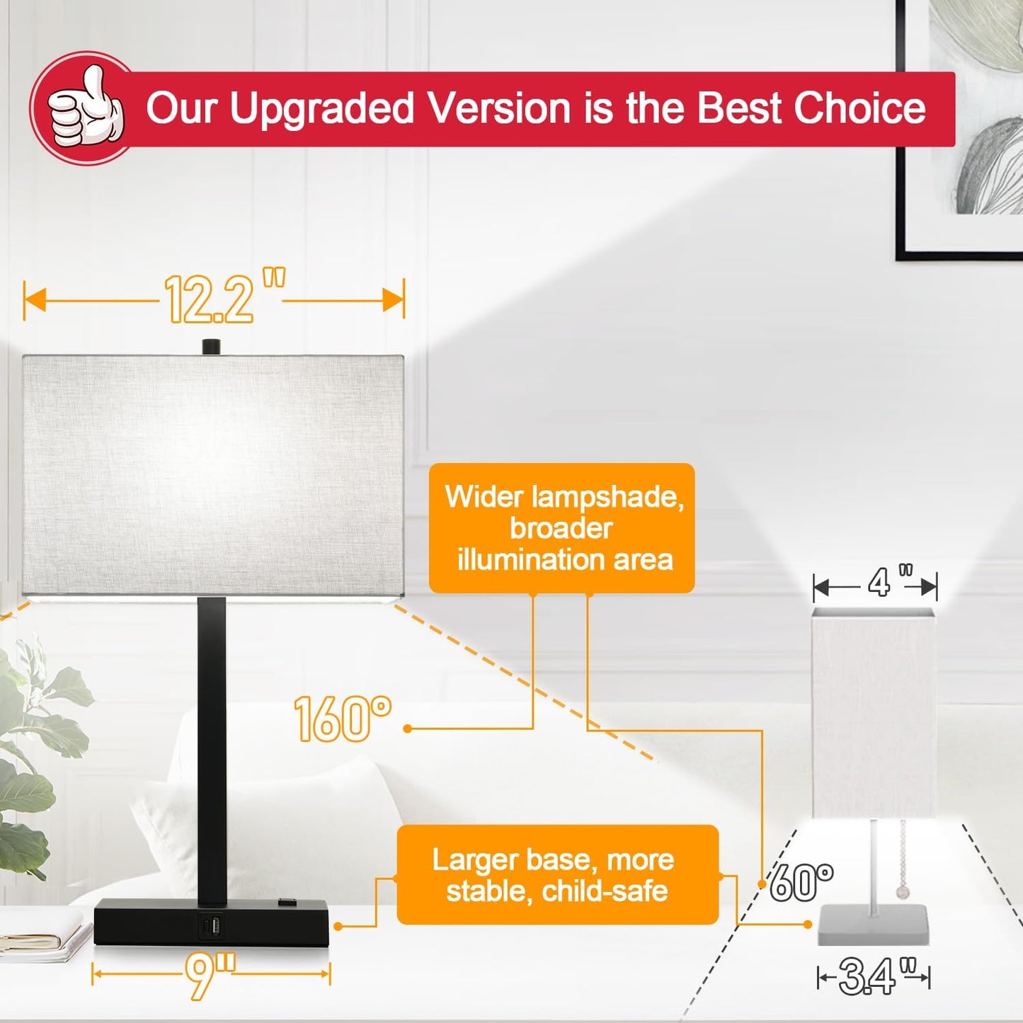 Modern set of 2 touch bedside lamps with USB-C, USB-A & AC outlet. 3-way dimmable nightstand lamps with gray linen shade & energy-saving LED bulbs included.