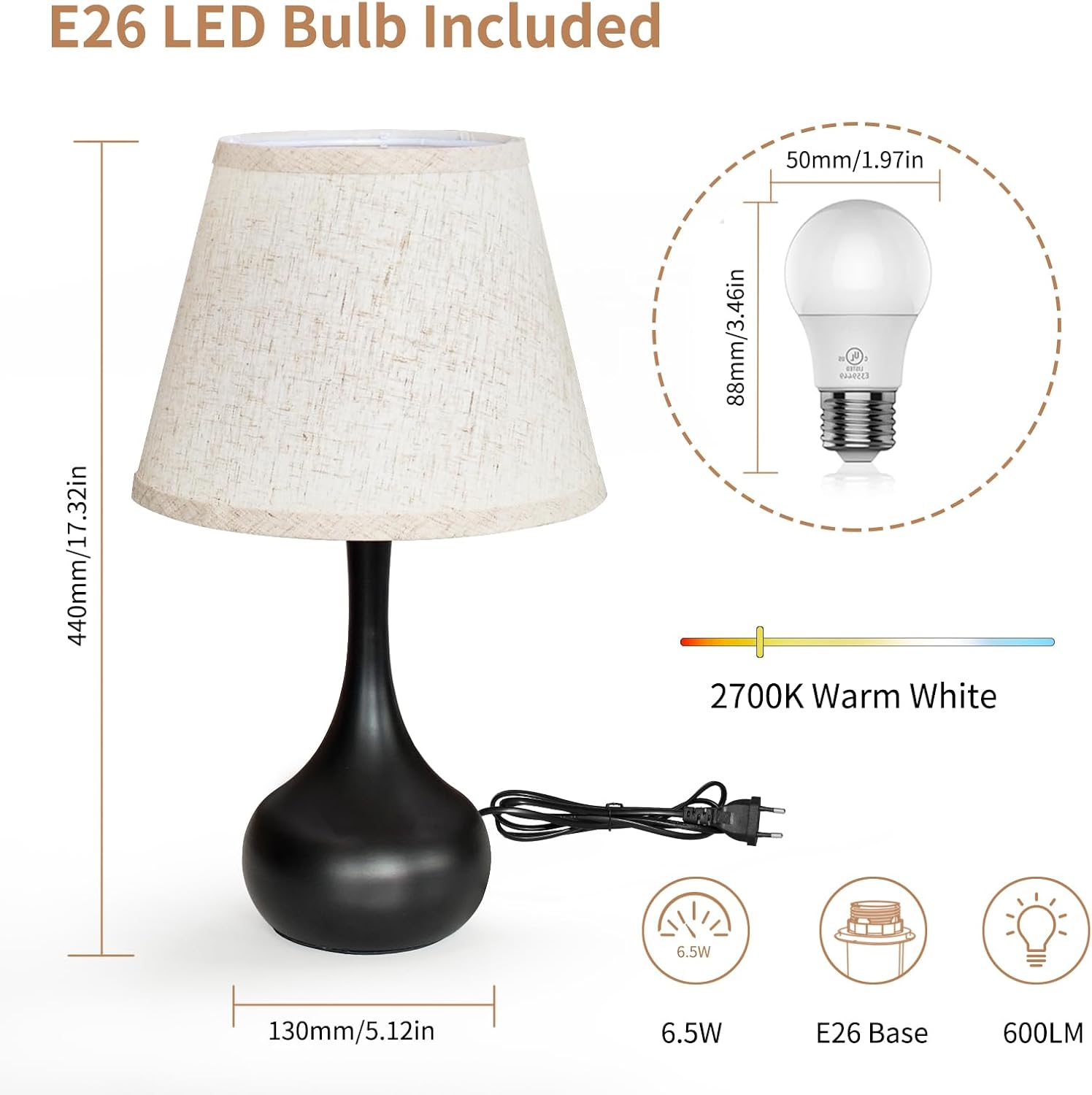 ONEWISH Touch Bedside Lamp – 3-Way Dimmable Nightstand Table Lamp with Fabric Shade & LED Bulb for Bedroom, Kids Room & Home Office