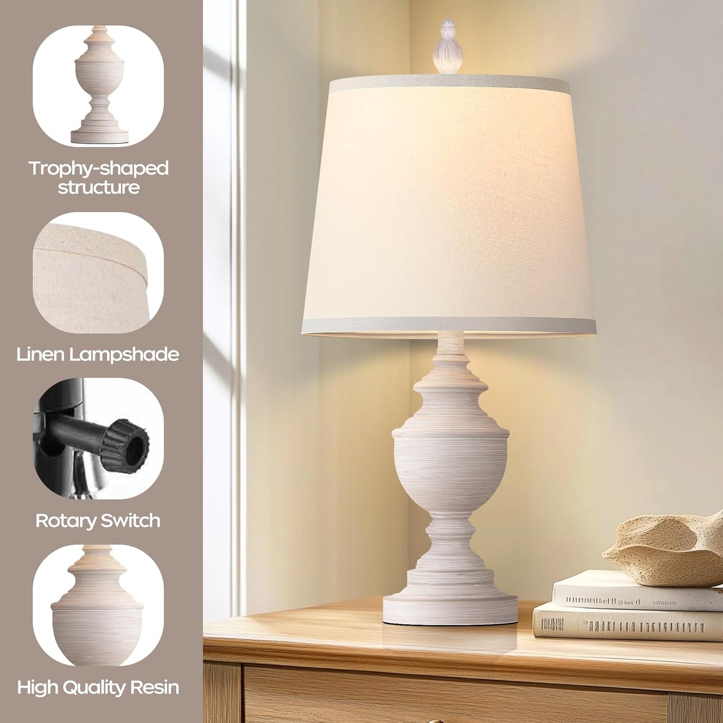 Set of 2 Retro Table Lamps - 22" Vintage Bedside and Living Room Lighting with White Shades, Rustic Farmhouse Style