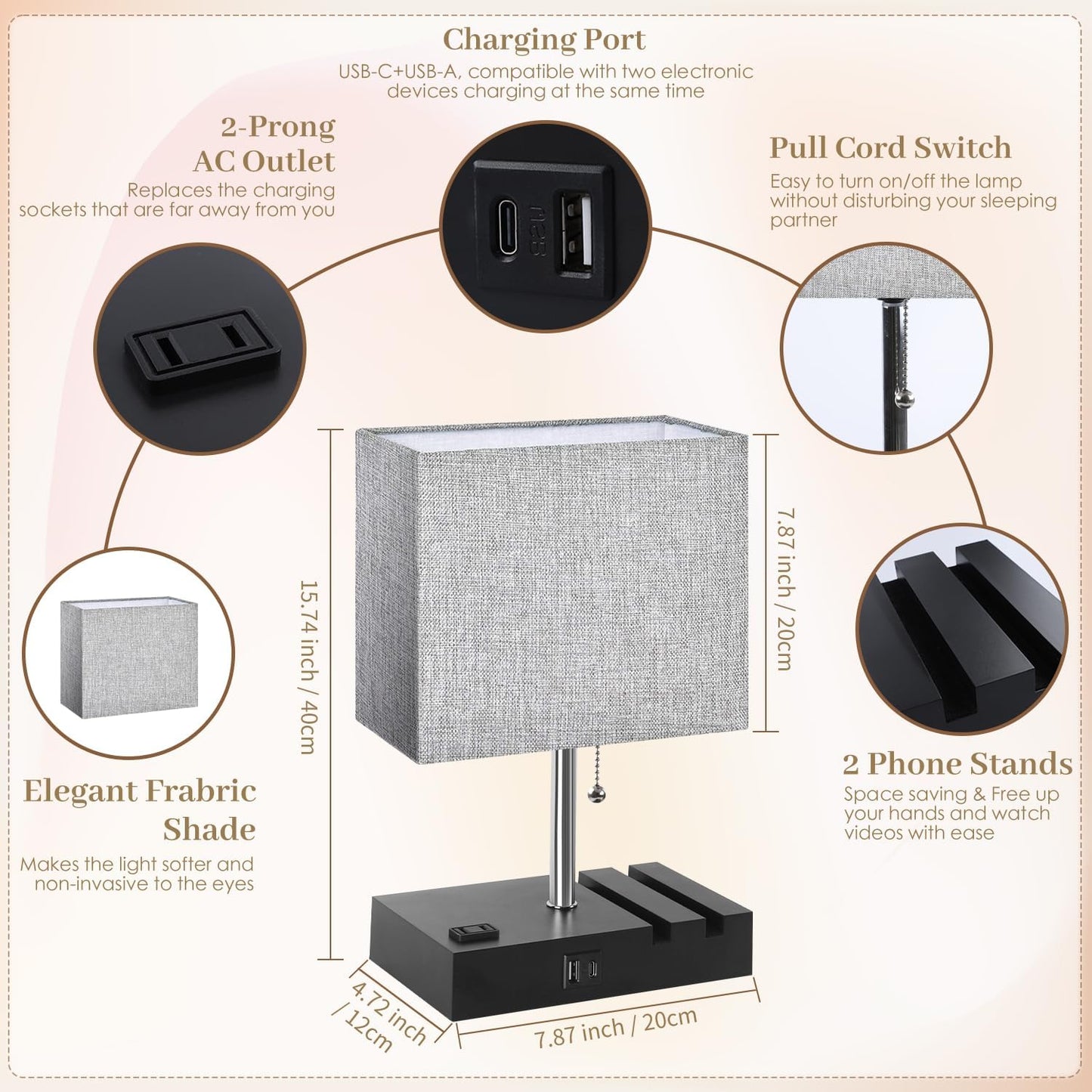 Smart RGB Dimmable Table Lamp with Alexa, App & Remote – Bedside Nightstand Lamp with USB-C, USB-A & AC Outlet, Music Sync & Phone Stand