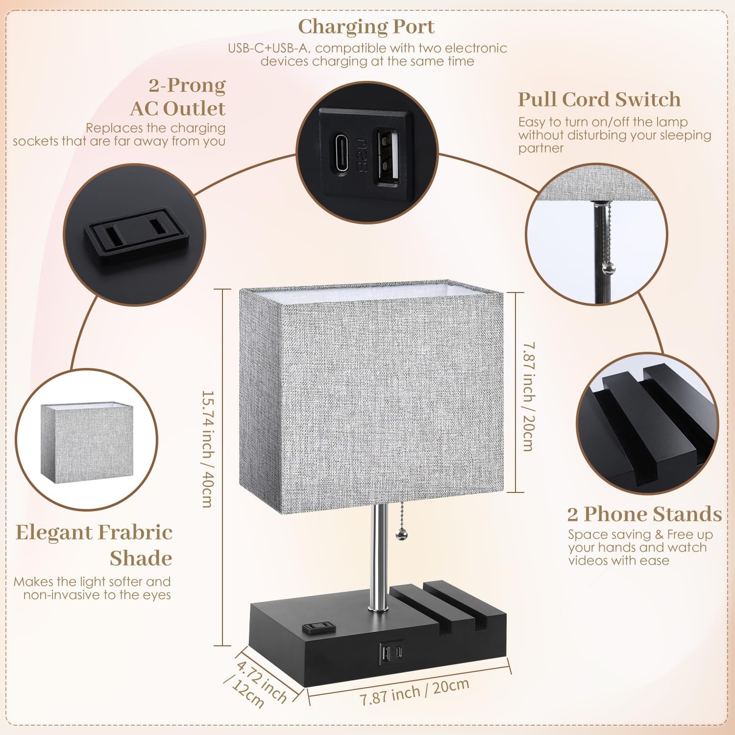 Smart RGB Dimmable Table Lamp with Alexa, App & Remote – Bedside Nightstand Lamp with USB-C, USB-A & AC Outlet, Music Sync & Phone Stand