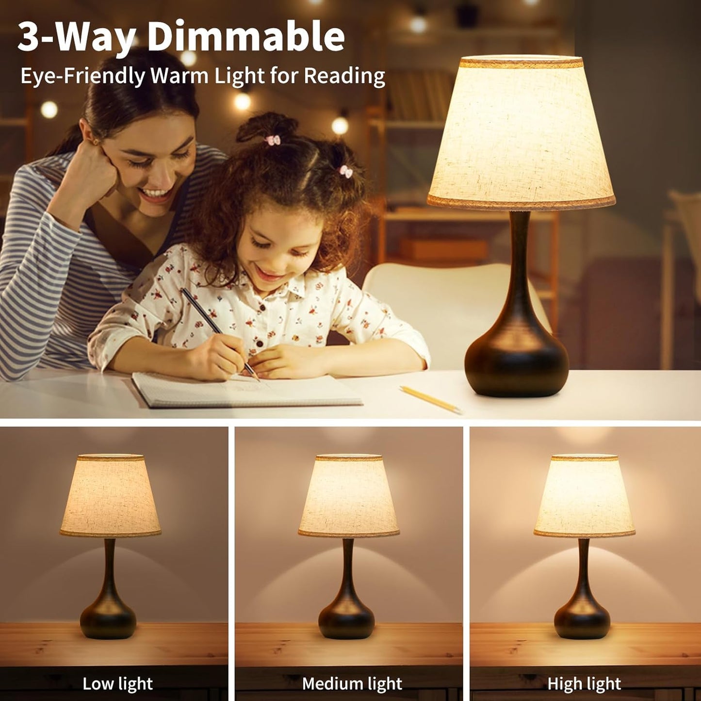 ONEWISH Touch Bedside Lamp – 3-Way Dimmable Nightstand Table Lamp with Fabric Shade & LED Bulb for Bedroom, Kids Room & Home Office