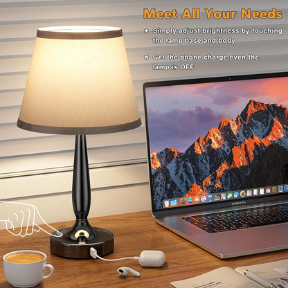 Touch Table Lamp with USB-C & USB-A Ports – 3-Way Dimmable Bedside Nightstand Lamp for Bedroom & Living Room