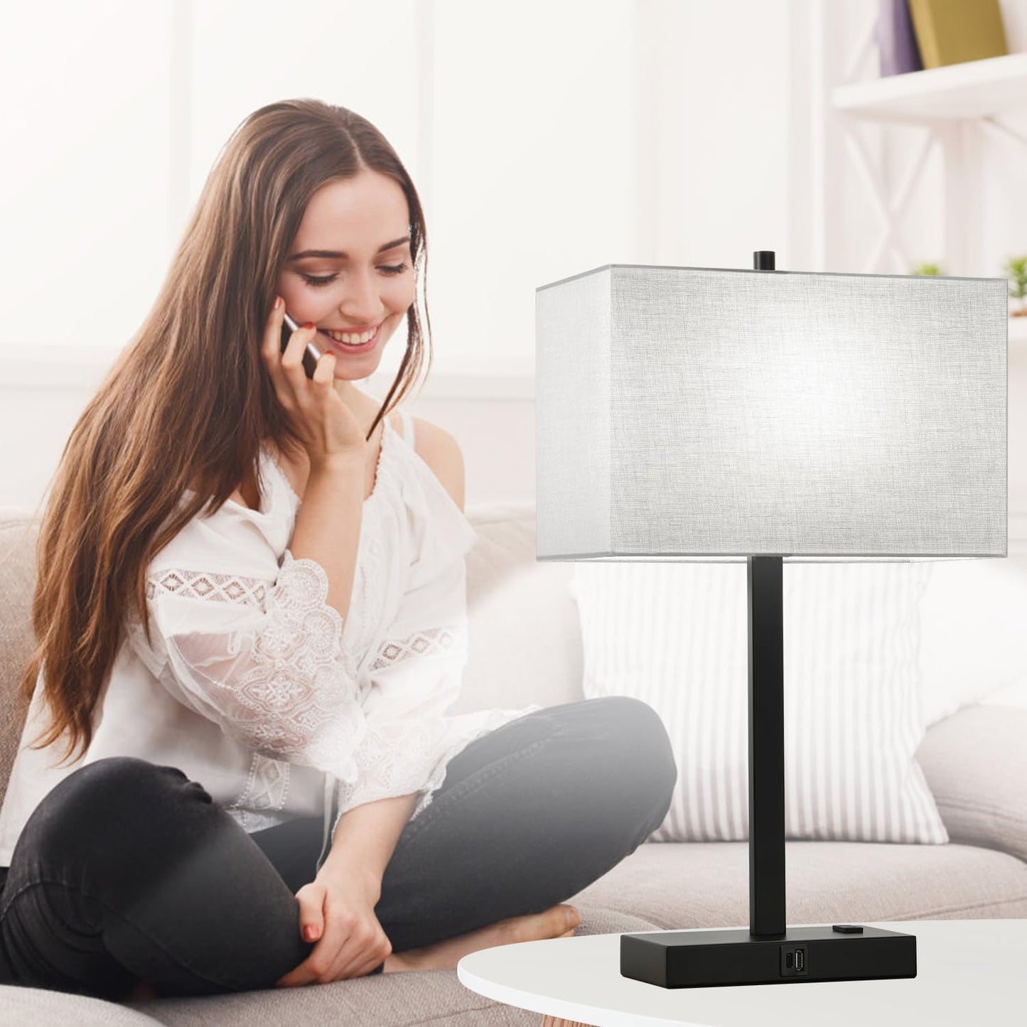 Modern set of 2 touch bedside lamps with USB-C, USB-A & AC outlet. 3-way dimmable nightstand lamps with gray linen shade & energy-saving LED bulbs included.
