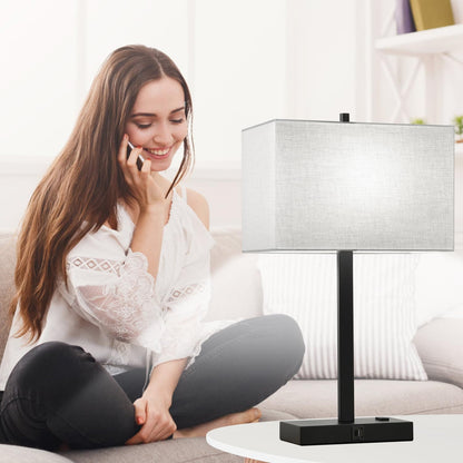 Modern set of 2 touch bedside lamps with USB-C, USB-A & AC outlet. 3-way dimmable nightstand lamps with gray linen shade & energy-saving LED bulbs included.