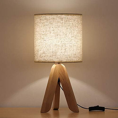 Small Bedside Table Lamp - Wooden Tripod Nightstand Lamp for Bedroom, Living Room, Office, Home with Fabric Linen Shade - 13.4 Inches (Without Bulb)