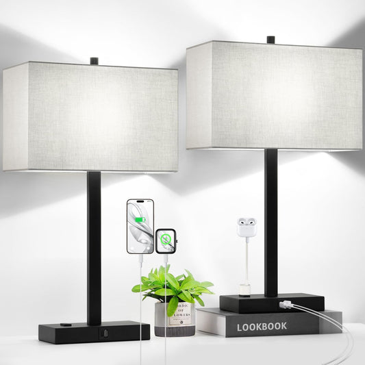 Modern set of 2 touch bedside lamps with USB-C, USB-A & AC outlet. 3-way dimmable nightstand lamps with gray linen shade & energy-saving LED bulbs included.